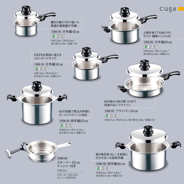 【完売】cuga(空雅)シリーズ 全7アイテム 最高級 ステンレス 5層鍋 ハンドル脱着式 IH対応 18-12ステンレス SUS316